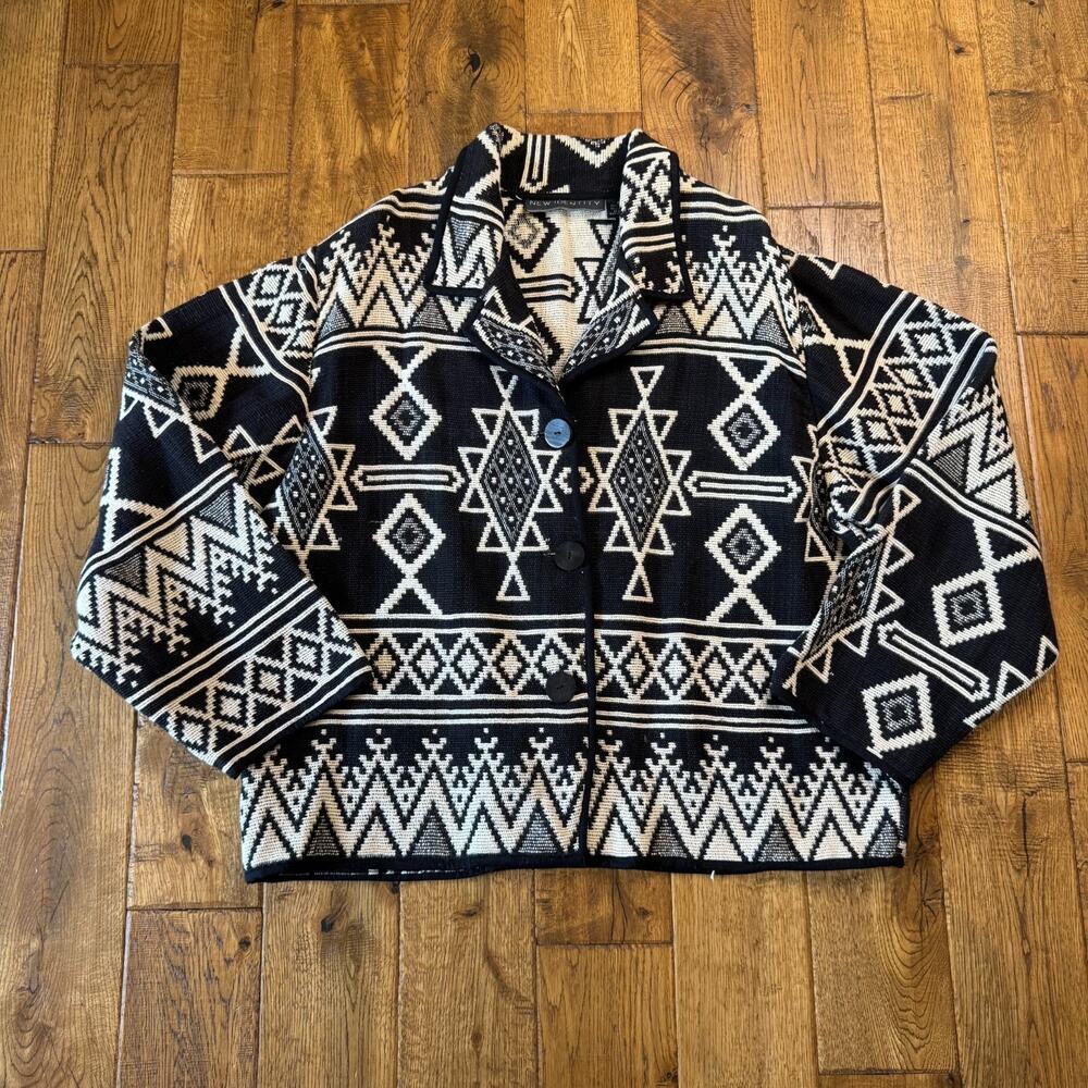 NEW IDENTITY Women’s Size XL Jacket Black Western Aztec Tapestry Cotton Crop